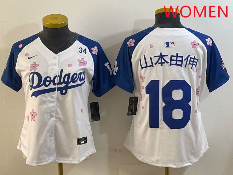 Women Los Angeles Dodgers 18 Yamamoto White Blue Sakura Edition 2025 Nike MLB Jersey style 13
